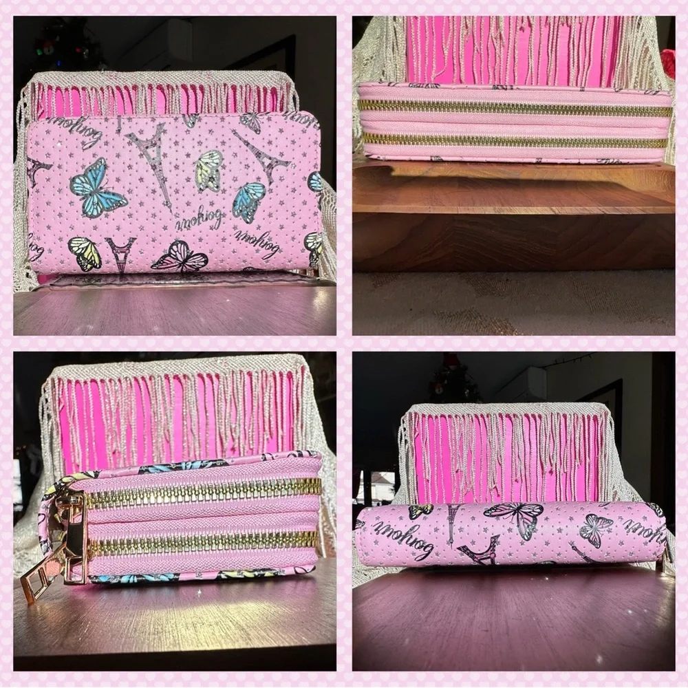 “Blu Crush” Pink & sparkle Double Zip Long Wallet Eiffel Tower Butterflies NWOT - Picture 3 of 8